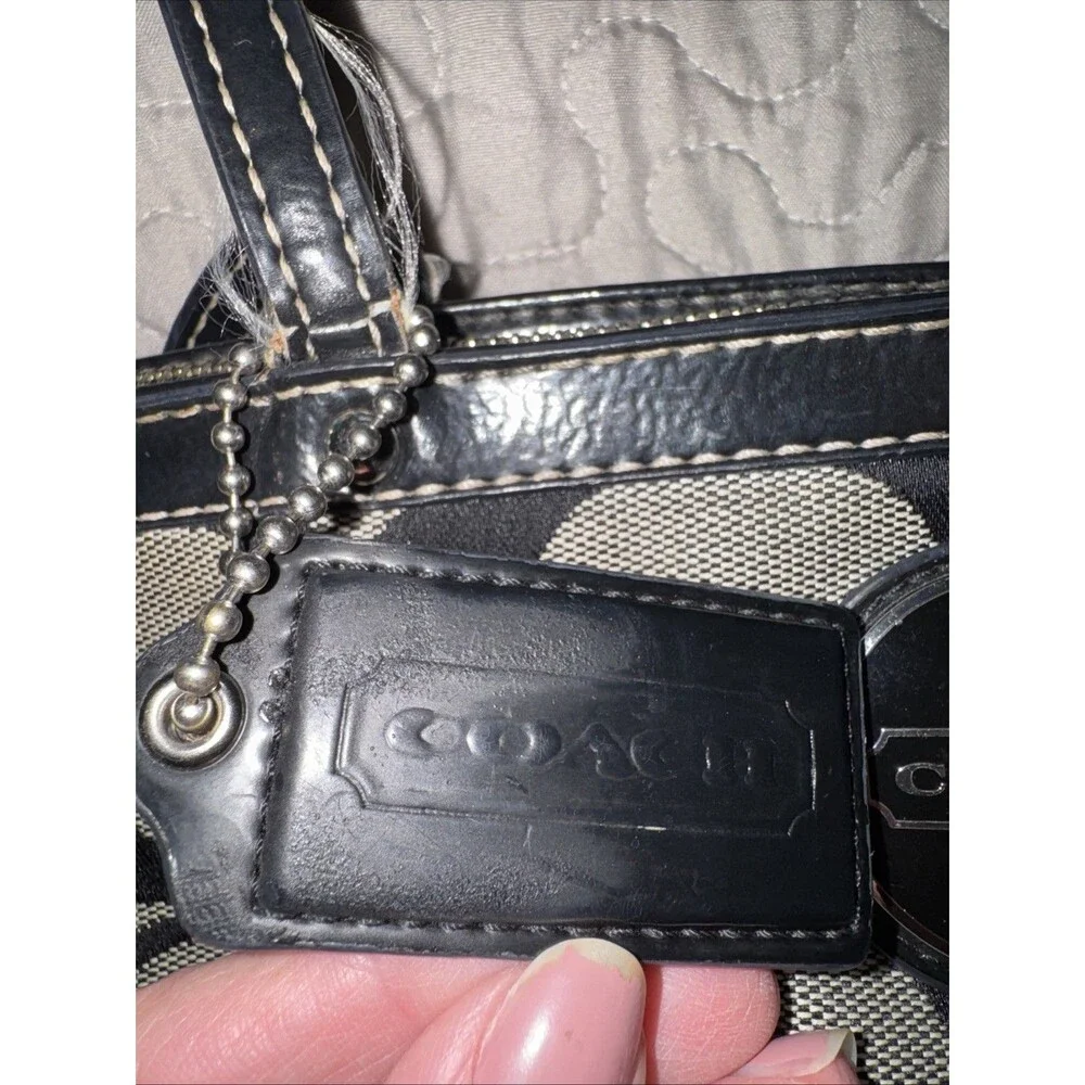 Vtg Coach Signature Canvas Handbag Black Stripe Black Gray Double Handles 13x9”